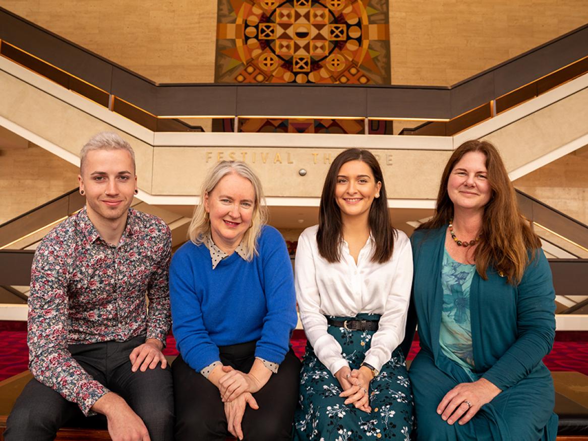 Left to right: University of Adelaide student Tim Whiffen, joint-artistic Director of the Adelaide Festival Rachel Healy, University of Adelaide student Dale Anninos- Carter, and Executive Dean of the Faculty of the Arts University of Adelaide Jennie Shaw.